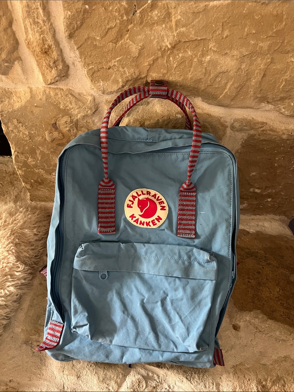 Fjallraven Kånken Backpack in Light Blue with Red Accents